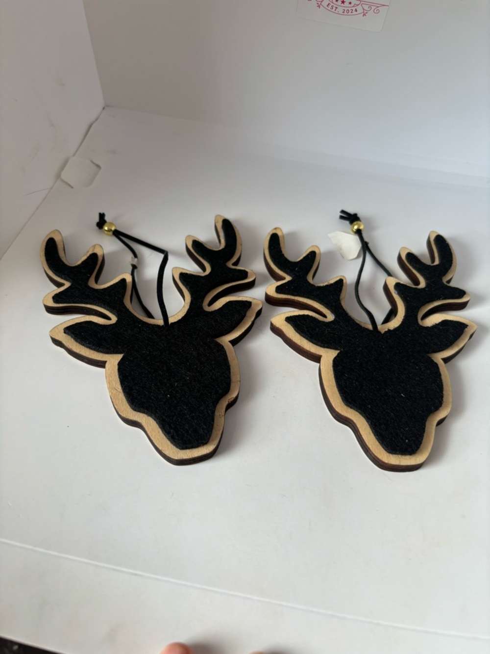 Place & Time wood reindeer head ornaments